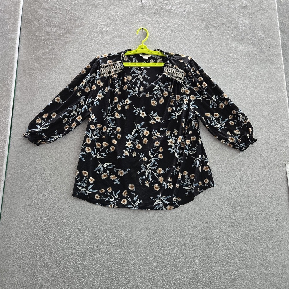 Style & Co Women Blouse 3X Black‎ Floral Embroidered Yoke Peasant Balloon Sleeve